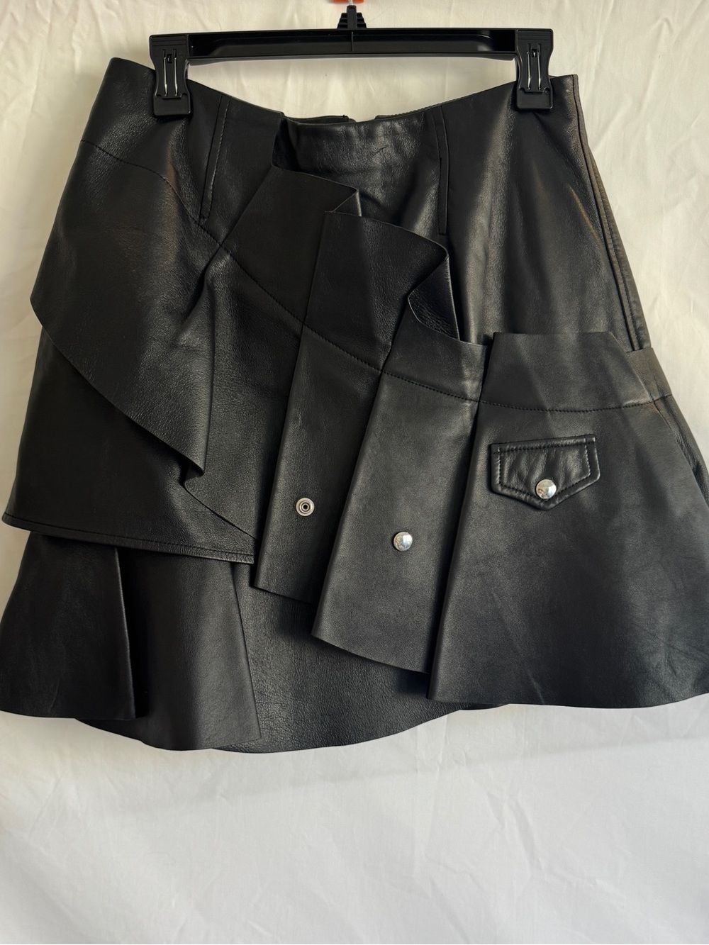 Alexander McQueen Black 100% Leather Ruffle Skirt with Silver Button Detail